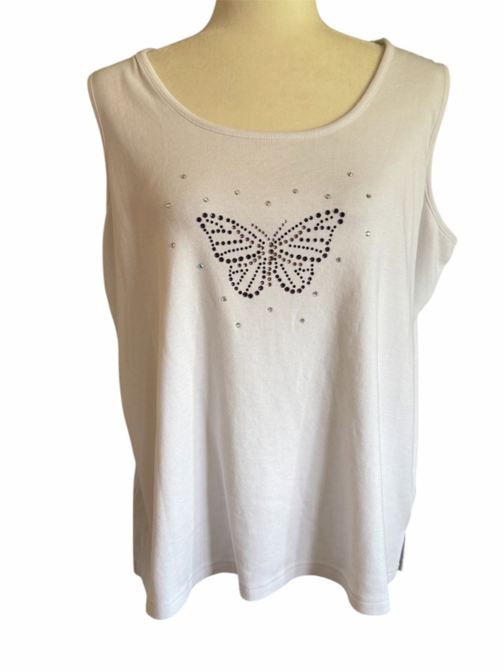 Quacker Factory White Tank Top with Rhinestone Butterfly